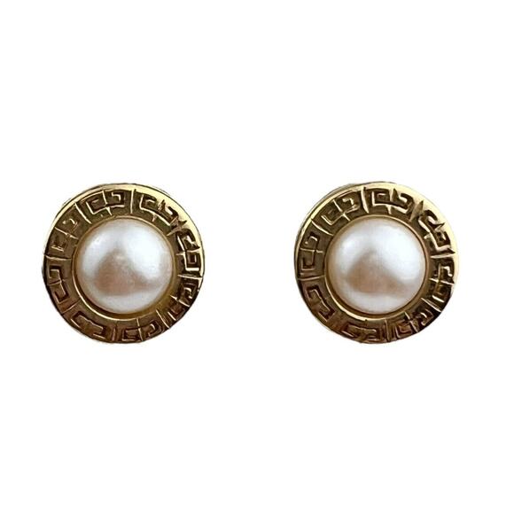 Givenchy Vintage Faux Pearl Pierced Earrings Logo Greek Key Round - Picture 1 of 10